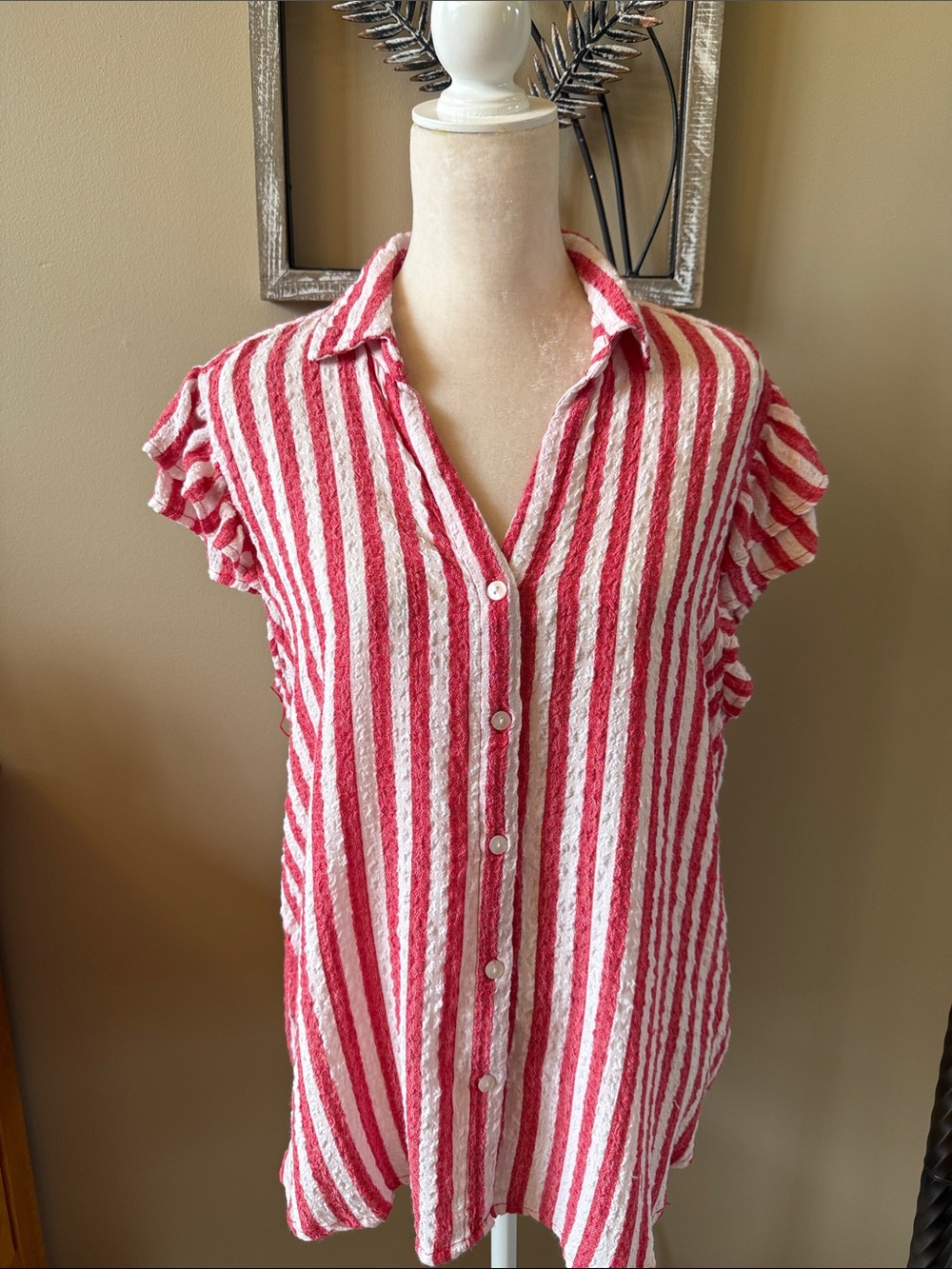Jane and Delancey Red and White Striped Button-Front Shirt